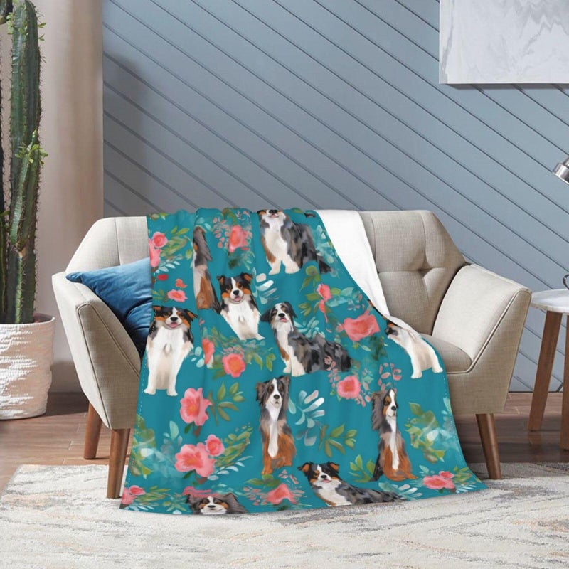 LodiSFOA Australian Shepherd Dogs Flowers Fleece Throw - Lightweight, Super Soft, Cozy Bed - Warm Blanket for Living Room/Bedroom - All Season (50"x40") - Image 4